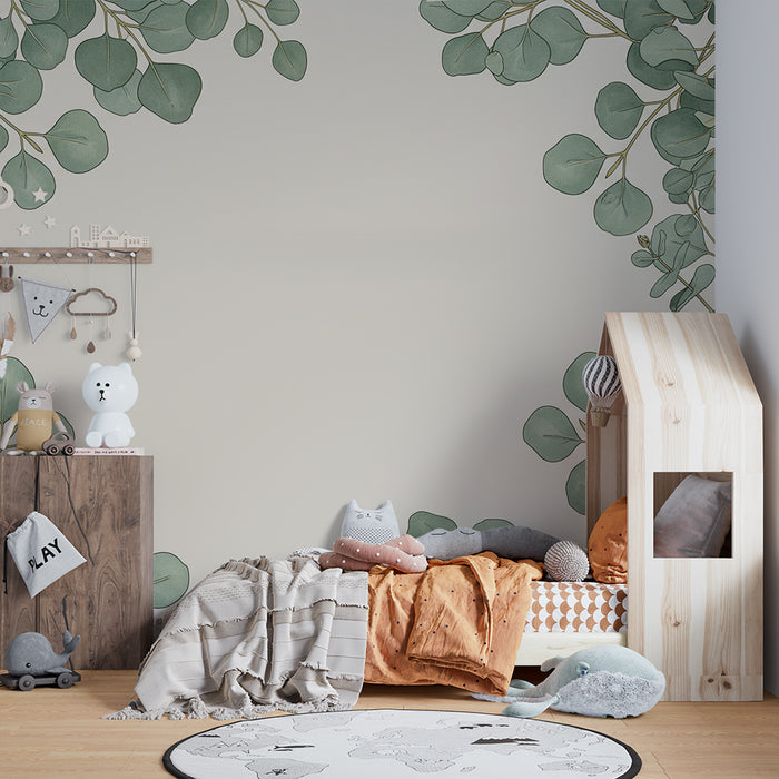 Papel de parede para quarto de bebé | Folhagem delicada sobre fundo creme