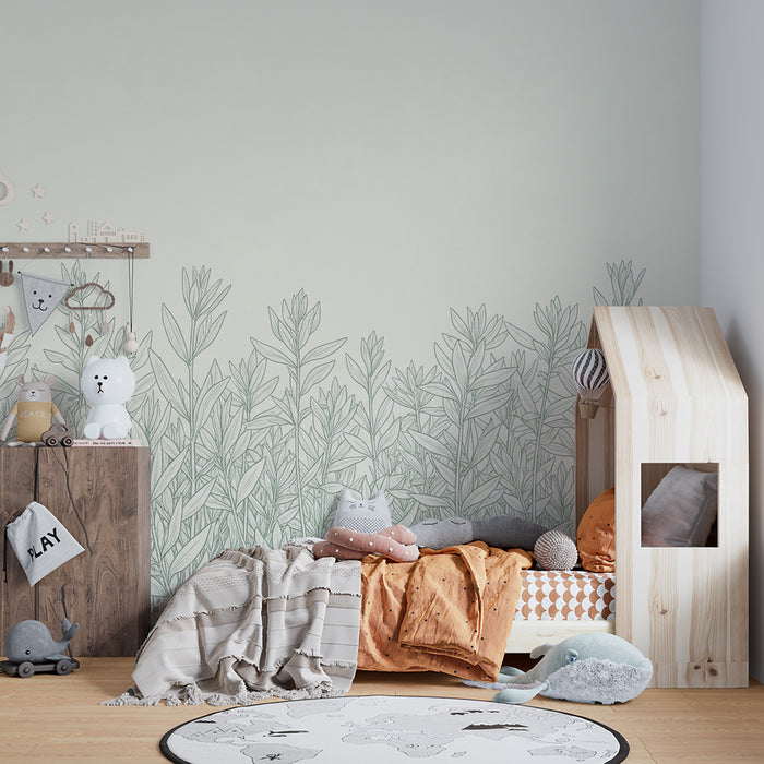 Papel de parede para quarto de bebé | Folhagem delicada sobre fundo suave