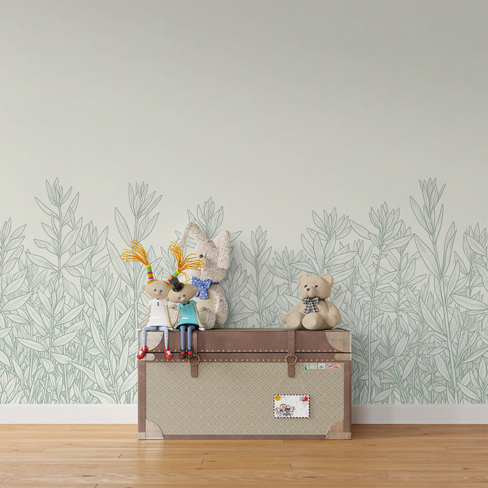 Papel de parede para quarto de bebé | Folhagem delicada sobre fundo suave