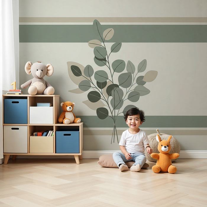 Papel de parede para quarto de bebé | Folhagem delicada sobre fundo suave com riscas calmantes