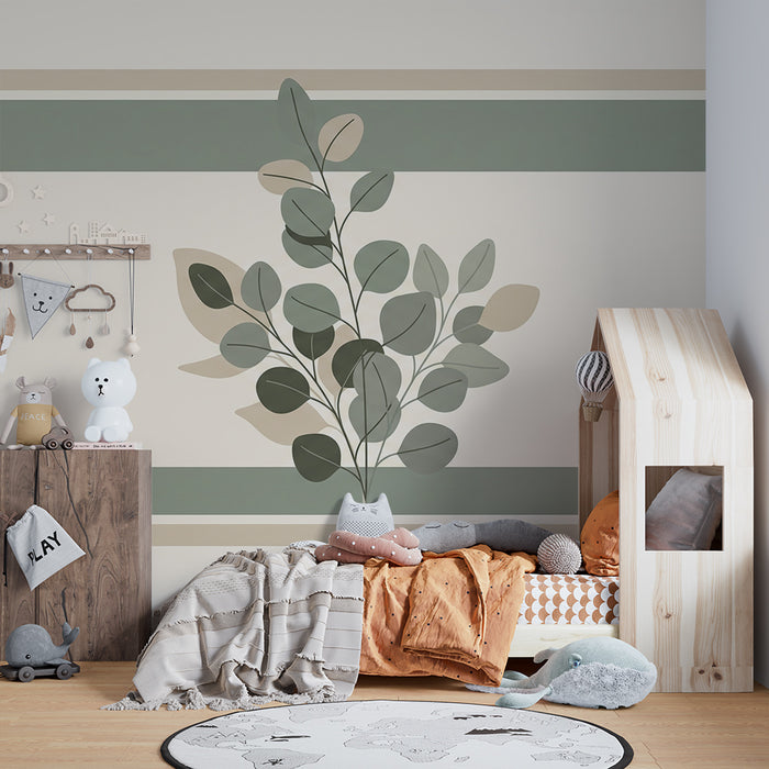 Papel de parede para quarto de bebé | Folhagem delicada sobre fundo suave com riscas calmantes