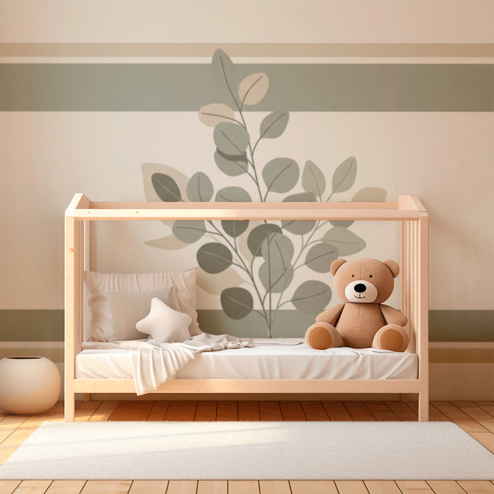 Papel de parede para quarto de bebé | Folhagem delicada sobre fundo suave com riscas calmantes