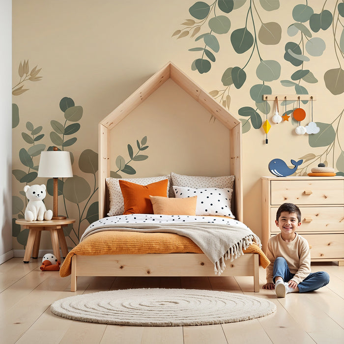 Papel de parede para quarto de bebé | Folhagem delicada sobre fundo suave e natural