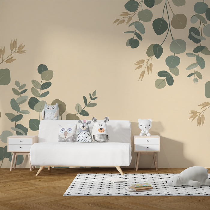 Papel de parede para quarto de bebé | Folhagem delicada sobre fundo suave e natural