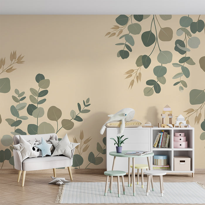 Papel de parede para quarto de bebé | Folhagem delicada sobre fundo suave e natural