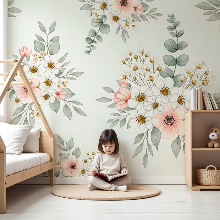 Papel de parede para quarto de bebé | Foliagem suave sobre fundo claro