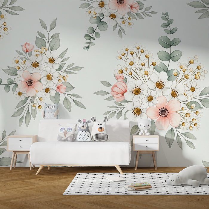 Papel de parede para quarto de bebé | Foliagem suave sobre fundo claro