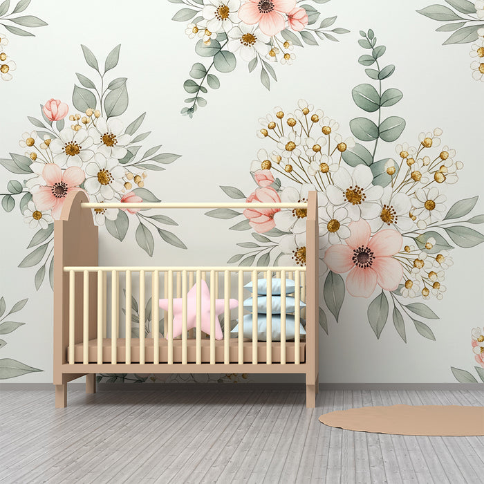 Papel de parede para quarto de bebé | Foliagem suave sobre fundo claro