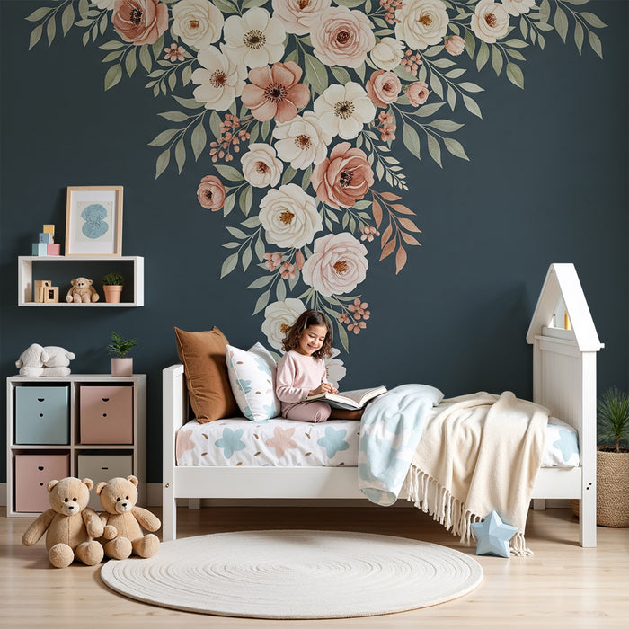 Χαρτί τοίχου βρεφικού δωματίου | Φύλλα και λουλούδια που πέφτουν σε μπλε νύχτα φόντο