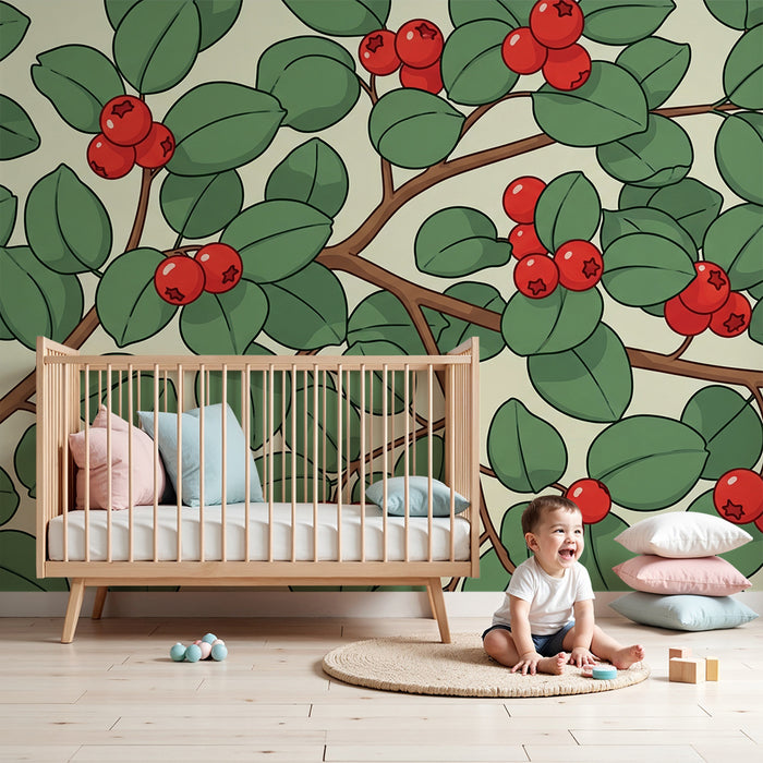 Papel de parede para quarto de bebé | Foliagem exuberante com bagas vermelhas vibrantes