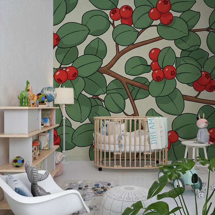 Papel de parede para quarto de bebé | Foliagem exuberante com bagas vermelhas vibrantes