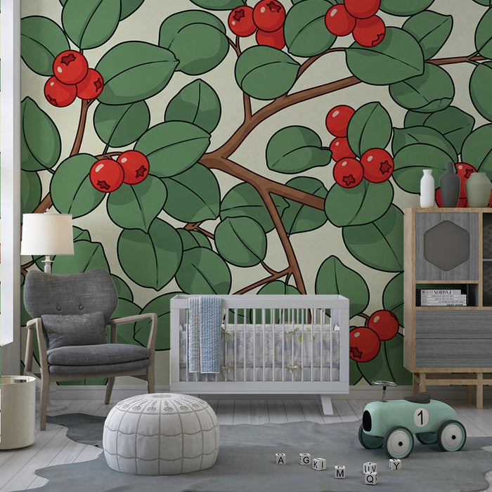 Papel de parede para quarto de bebé | Foliagem exuberante com bagas vermelhas vibrantes