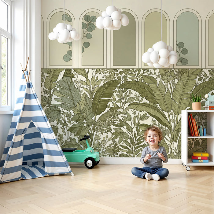 Papel de parede para quarto de bebé | Foliagem exuberante e motivos botânicos relaxantes