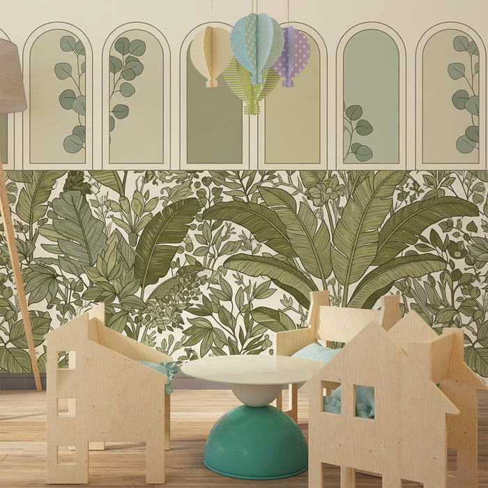 Papel de parede para quarto de bebé | Foliagem exuberante e motivos botânicos relaxantes