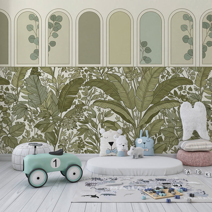 Papel de parede para quarto de bebé | Foliagem exuberante e motivos botânicos relaxantes