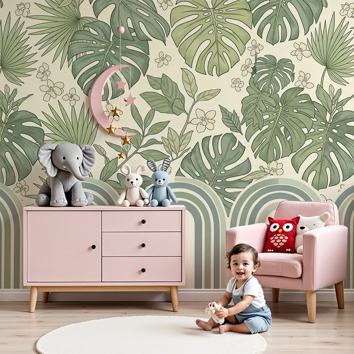 Papel de parede para quarto de bebé | Foliagem tropical com padrões florais delicados
