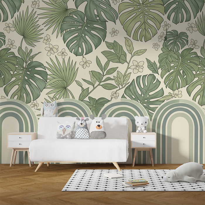 Papel de parede para quarto de bebé | Foliagem tropical com padrões florais delicados