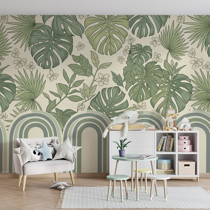 Papel de parede para quarto de bebé | Foliagem tropical com padrões florais delicados