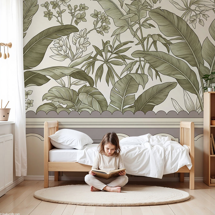 Papel de parede para quarto de bebé | Folhagem tropical delicada com motivos florais