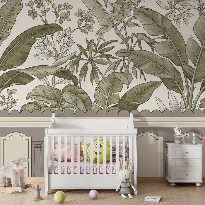 Papel de parede para quarto de bebé | Folhagem tropical delicada com motivos florais
