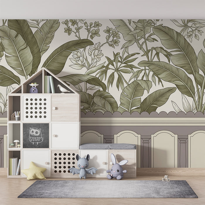 Papel de parede para quarto de bebé | Folhagem tropical delicada com motivos florais