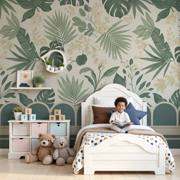Papel de parede para quarto de bebé | Foliagem tropical delicada com padrões florais suaves