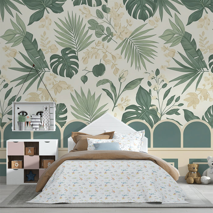 Papel de parede para quarto de bebé | Foliagem tropical delicada com padrões florais suaves