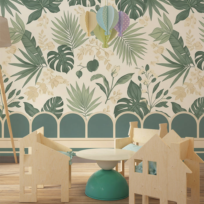 Papel de parede para quarto de bebé | Foliagem tropical delicada com padrões florais suaves