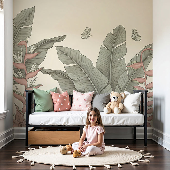 Papier peint chambre bébé | Feuillage tropical délicat avec papillons