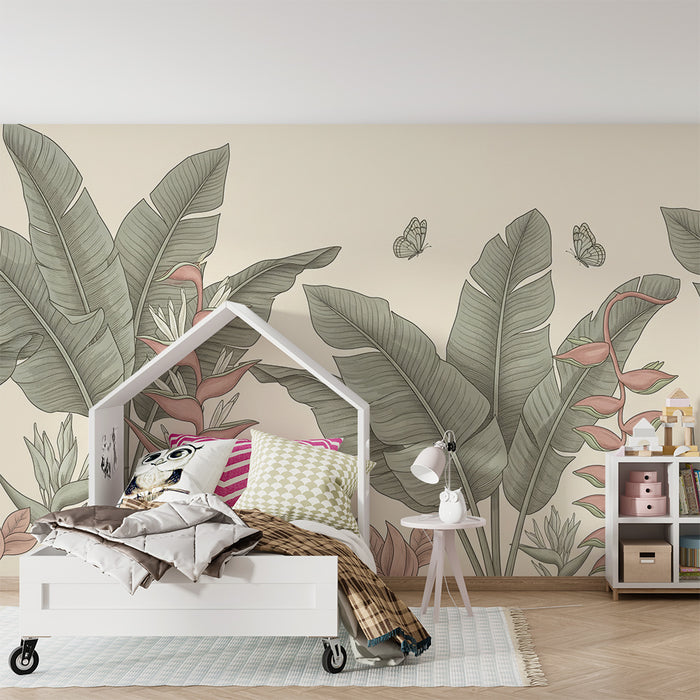 Papier peint chambre bébé | Feuillage tropical délicat avec papillons