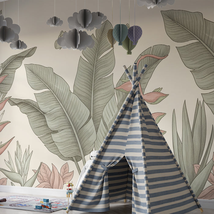 Papier peint chambre bébé | Feuillage tropical délicat avec papillons