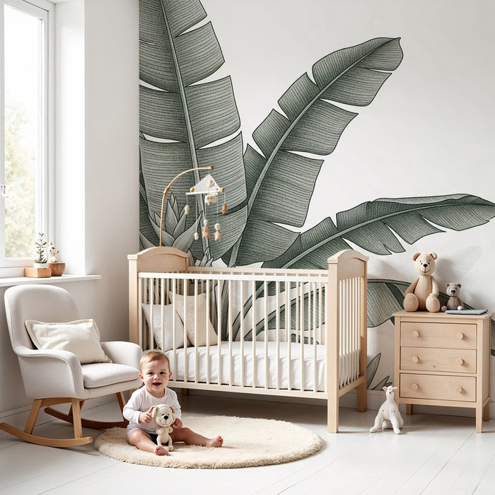Papel de parede para quarto de bebé | Foliagem tropical delicada em tons de verde