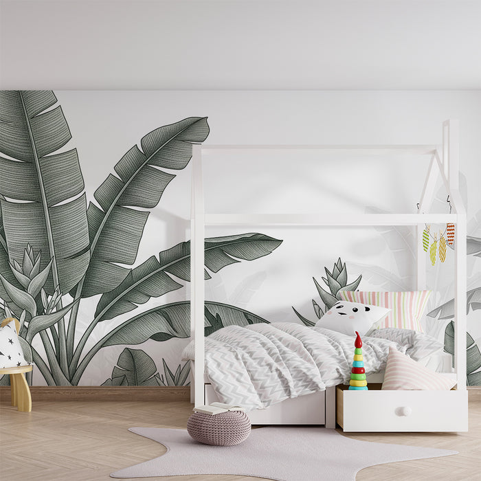Papel de parede para quarto de bebé | Foliagem tropical delicada em tons de verde