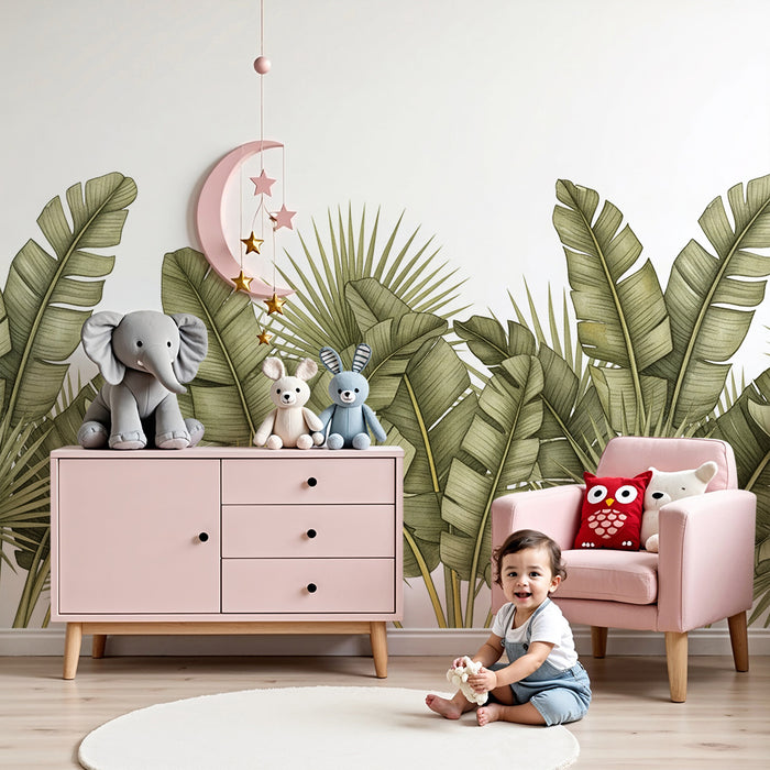Χαρτί τοίχου βρεφικού δωματίου | Απαλό τροπικό φύλλωμα σε αποχρώσεις του πράσινου