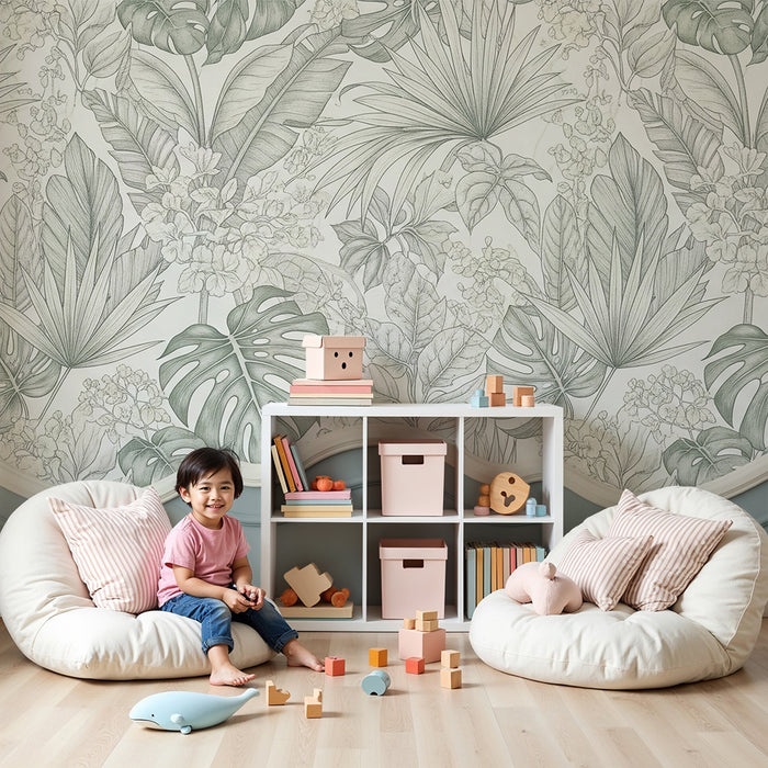 Papel de parede para quarto de bebé | Foliagem tropical delicada em tons de verde