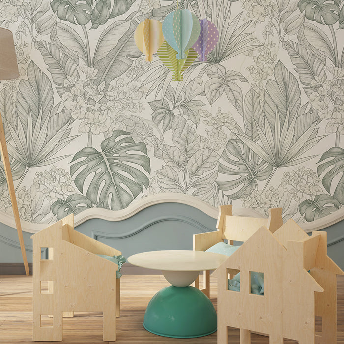 Papel de parede para quarto de bebé | Foliagem tropical delicada em tons de verde