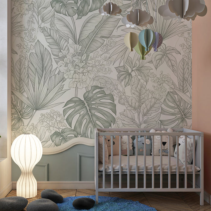 Papel de parede para quarto de bebé | Foliagem tropical delicada em tons de verde