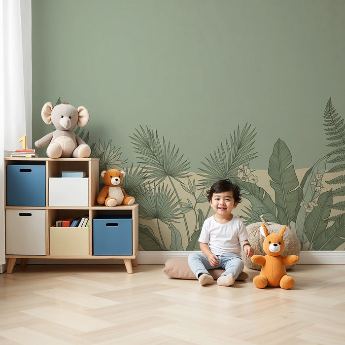 Papel de parede para quarto de bebé | Folhagem tropical delicada sobre fundo verde