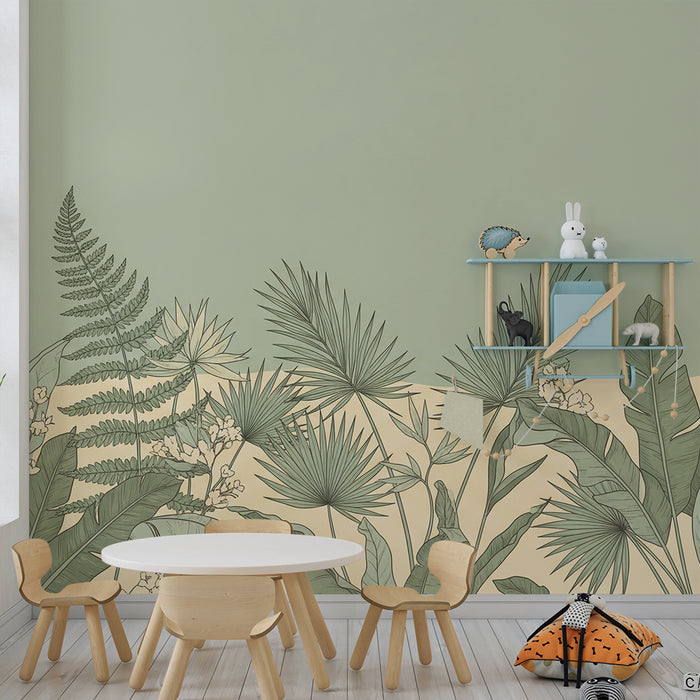 Papel de parede para quarto de bebé | Folhagem tropical delicada sobre fundo verde