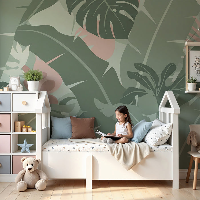 Papel de parede quarto bebê | Folhagem tropical suave com tons pastel