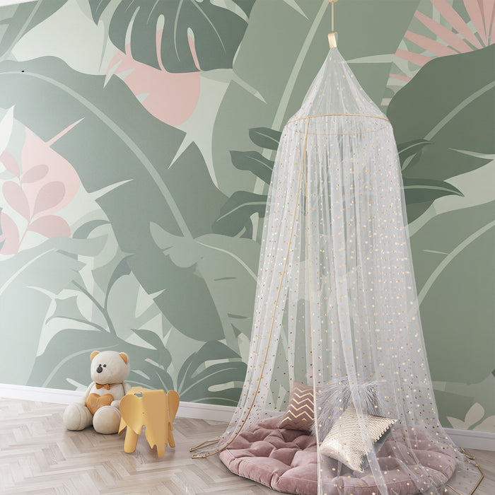 Papel de parede quarto bebê | Folhagem tropical suave com tons pastel