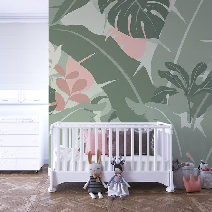 Papel de parede quarto bebê | Folhagem tropical suave com tons pastel