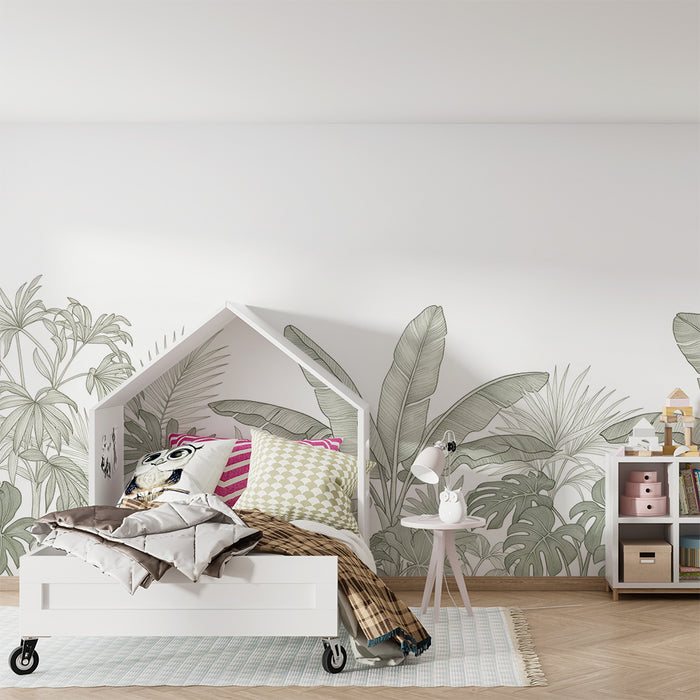 Papel de parede quarto bebê | Folhagem tropical em tons de verde