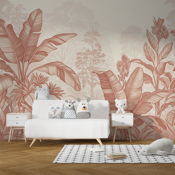 Papier peint chambre bébé | Feuillage tropical en tons terracotta