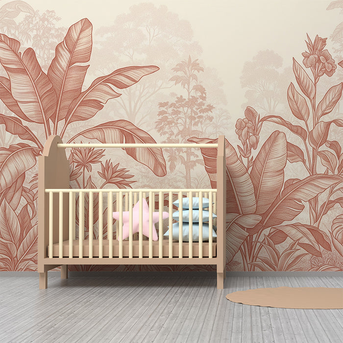 Papier peint chambre bébé | Feuillage tropical en tons terracotta