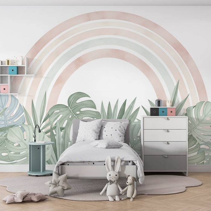 Barntapet | Tropiskt lövverk och pastellregnbåge