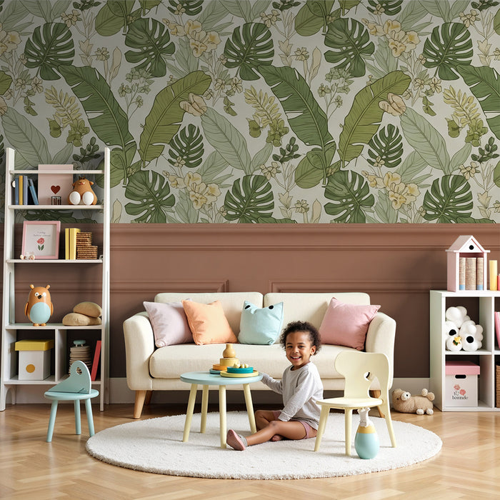 Papel de parede para quarto de bebé | Foliagem tropical e flores delicadas para um ambiente tranquilo