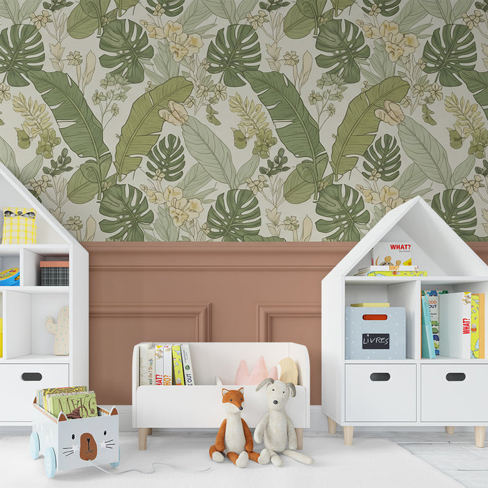 Papel de parede para quarto de bebé | Foliagem tropical e flores delicadas para um ambiente tranquilo