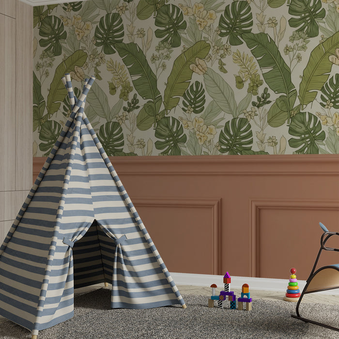 Papel de parede para quarto de bebé | Foliagem tropical e flores delicadas para um ambiente tranquilo