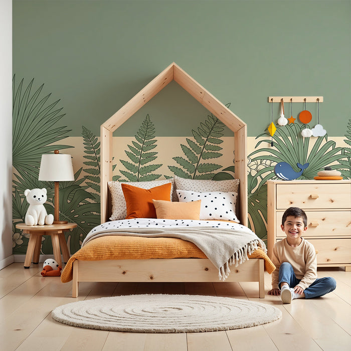 Papel de parede para quarto de bebé | Foliagem tropical e flores delicadas sobre um fundo suave